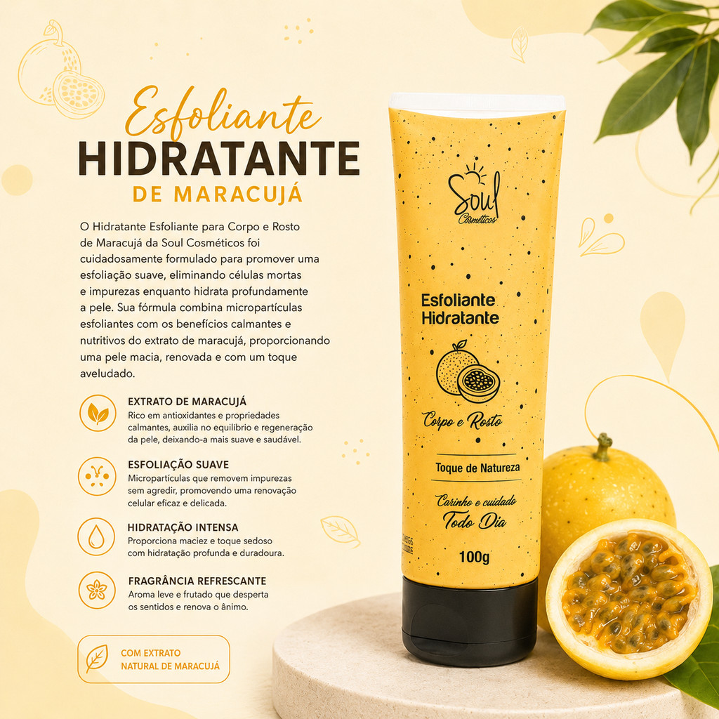 Hidratante Esfoliante Maracujá Soul Cosméticos Corpo e Rosto
