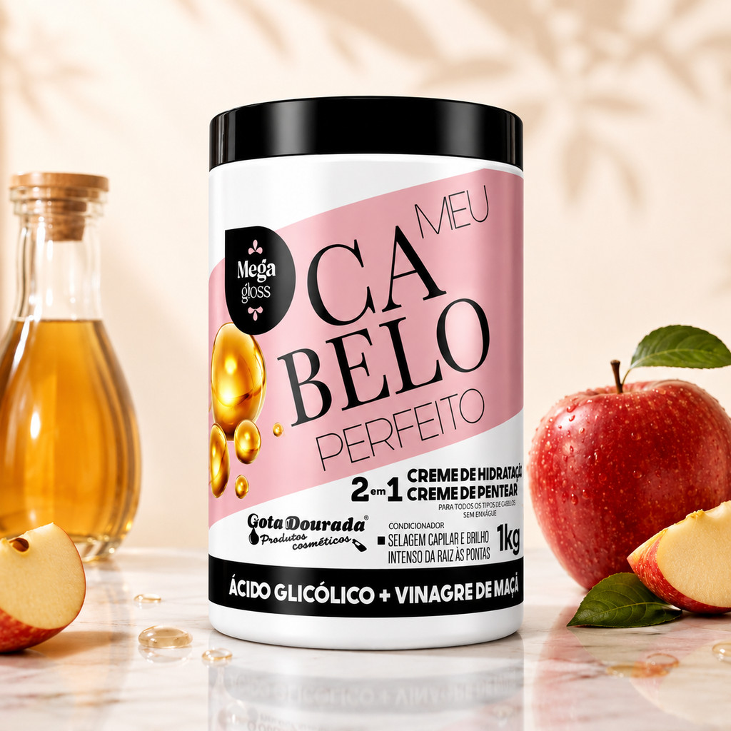 Creme de Pentear Meu Cabelo Perfeito Ácido Glicólico e Vinagre de Maçã Gota Dourada 1Kg