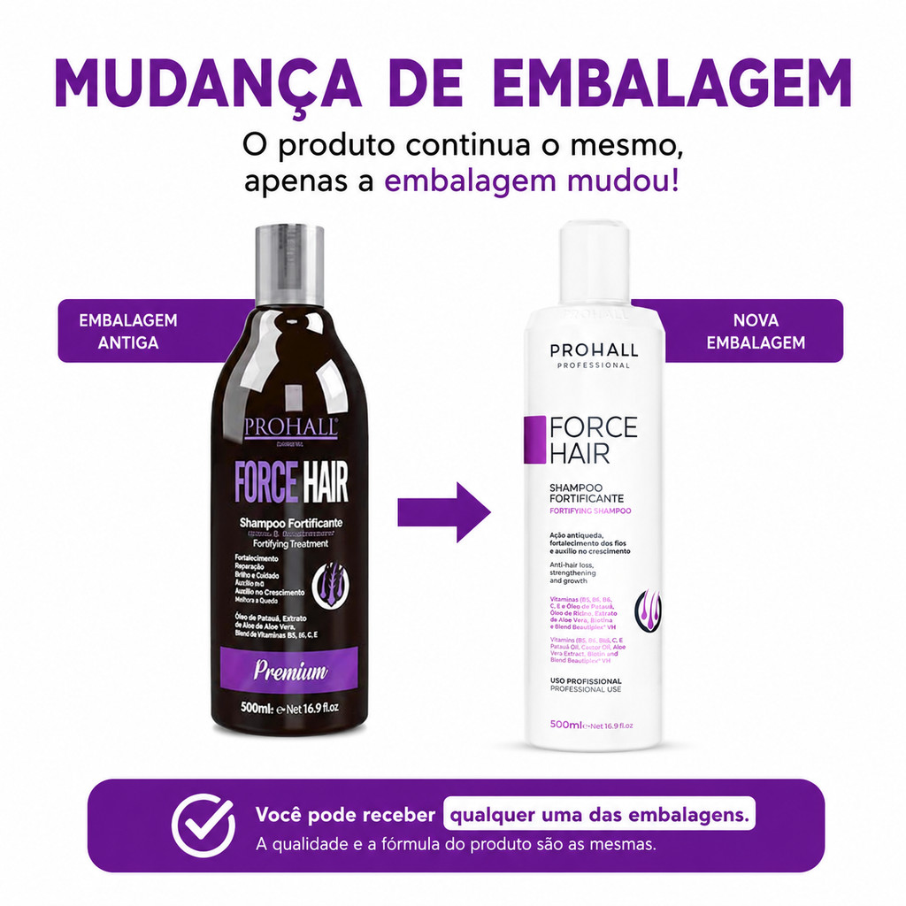 Shampoo Fortificante Force Hair Prohall Crescimento Acelerado 500ml - Imagem 2
