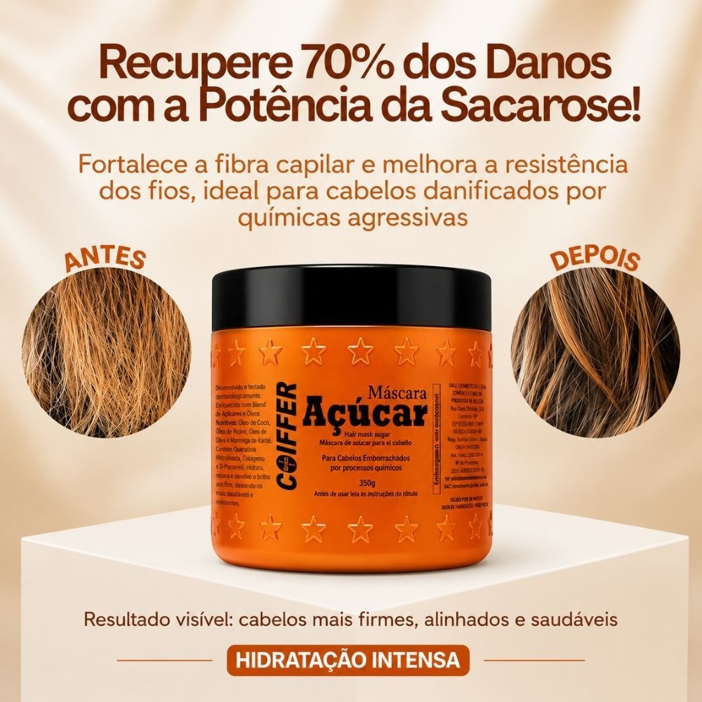 Máscara Açúcar Coiffer 350g Recuperação para Cabelos Emborrachados - Imagem 2