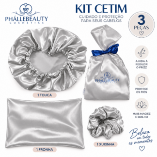 Kit Cetim Cabelo PhálleBeauty Fronha Touca e Xuxinha 3 Peças
