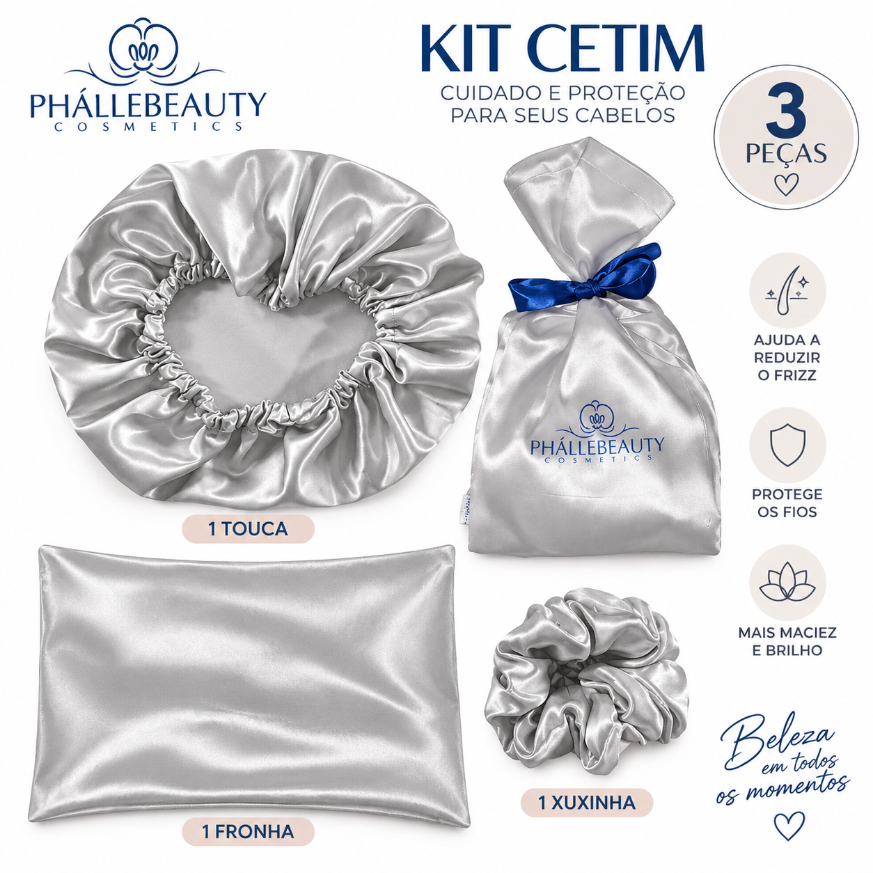 Kit Cetim Cabelo PhálleBeauty Fronha Touca e Xuxinha 3 Peças