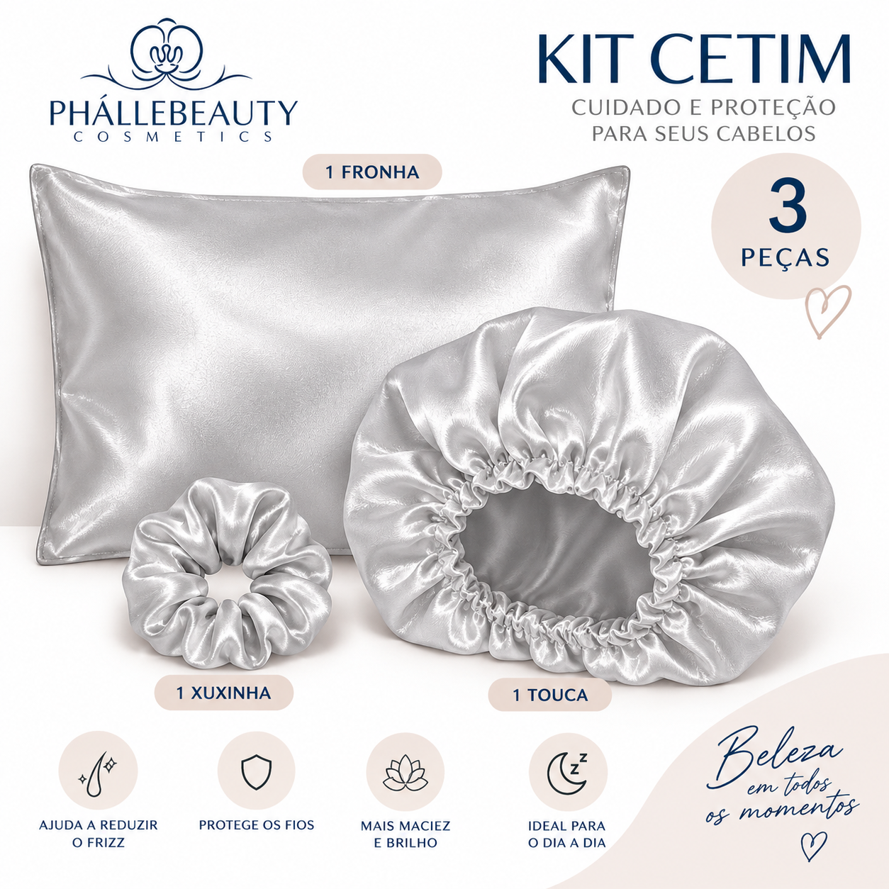Kit Cetim Cabelo PhálleBeauty Fronha Touca e Xuxinha 3 Peças - Imagem 3